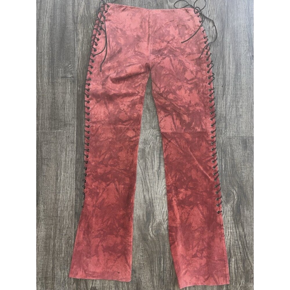 Vintage 90s Bebe Suede Leather Side Lace Up Mid Rise Pants Size 4 Bottom Slits - Picture 7 of 13